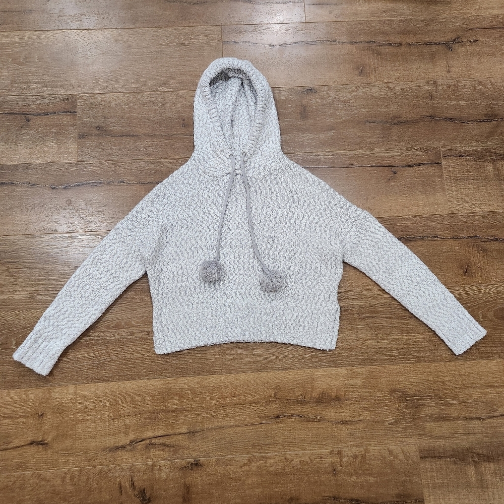Yes Lola Relaxed Hooded Chunky Knit Grey Sweater Med Cozy Minimal Apres Ski Puff